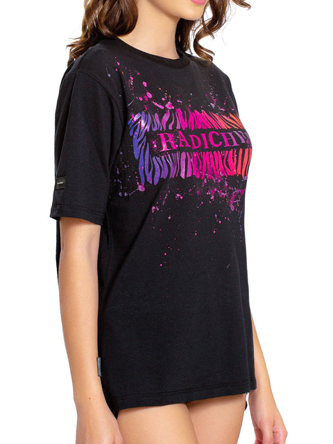 Black oversized t-shirt with colourful print and splashes