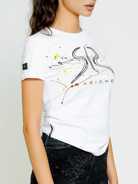 Дамска тениска с гумирано лого SR и арт пръски