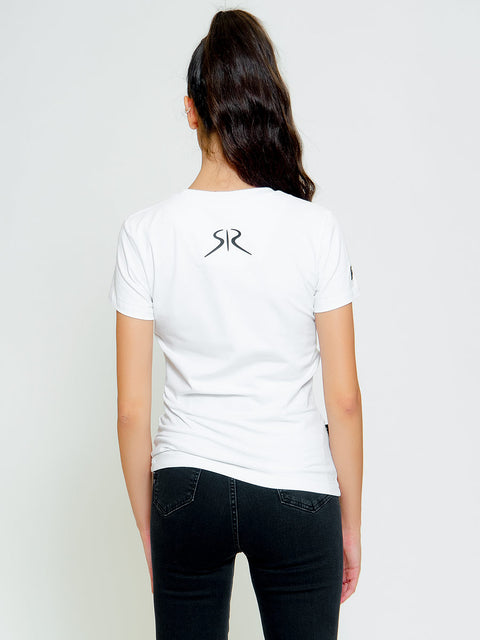 Дамска тениска с гумирано лого SR и арт пръски