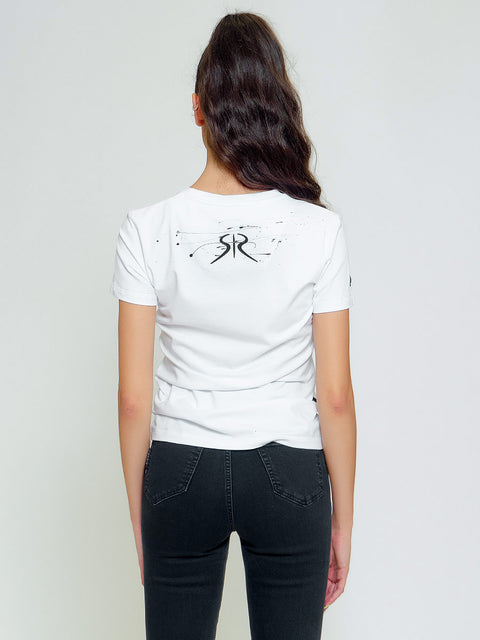 Дамска тениска с гумирано лого SR и черни арт пръски