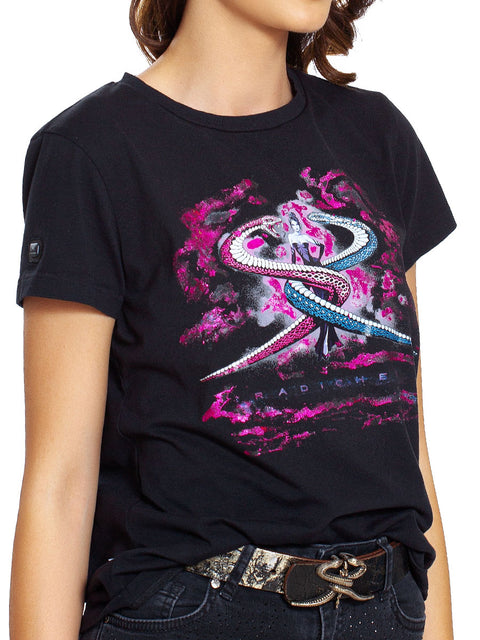 Lady's black T-shirt with SR logo print