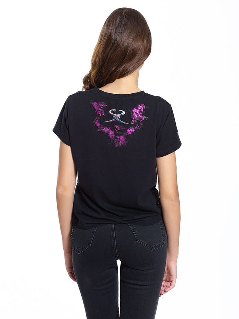 Lady's black T-shirt with SR logo print