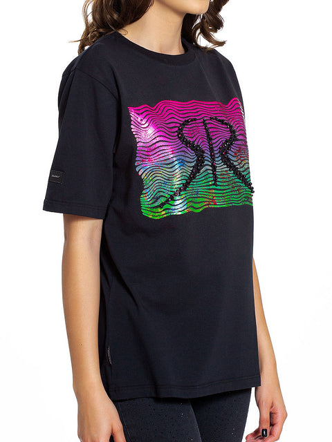 Black women's oversized t-shirt with colourful logo and stones