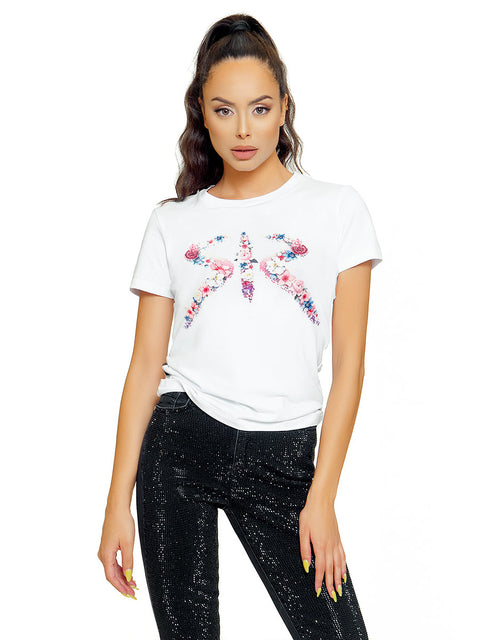 White SR t-shirt with a fitted silhouette and colourful print
