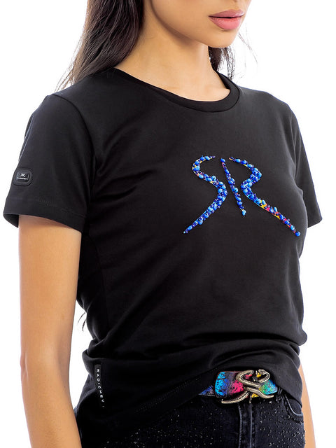 Черна дамска тениска с бродирано лого и сини перли
