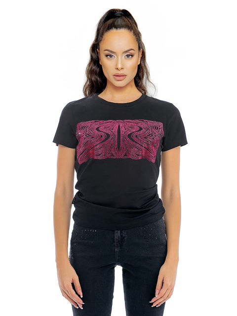 Black t-shirt with a rectangular logo with pink stones