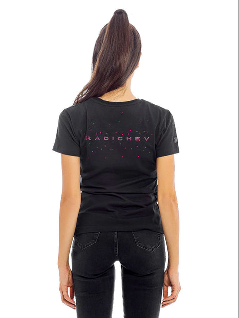 Черна тениска с правоъгълно лого от розови камъни