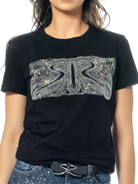Черна тениска с правоъгълно лого от камъни