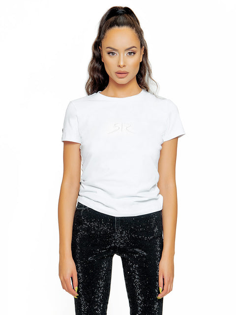 White women's t-shirt with an embroidered logo