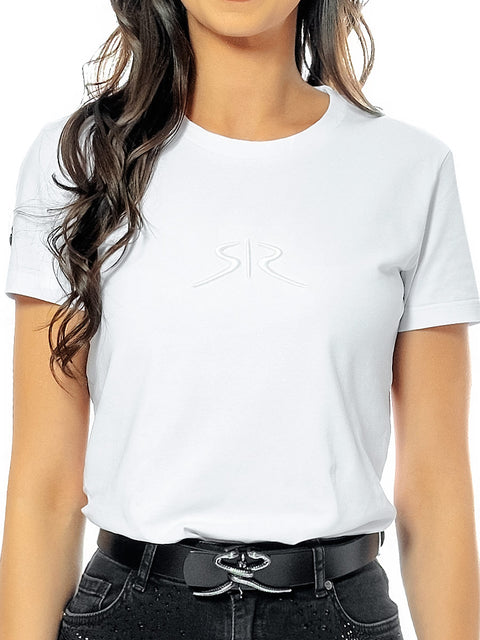 White women's t-shirt with an embroidered logo