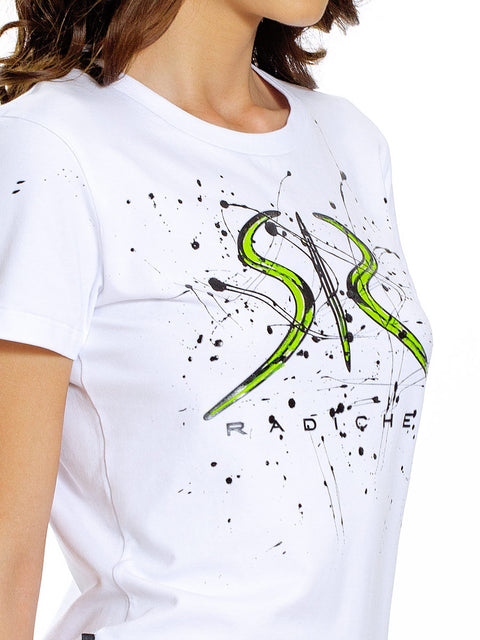 Women's t-shirt with rubberized SR logo and black art splashes