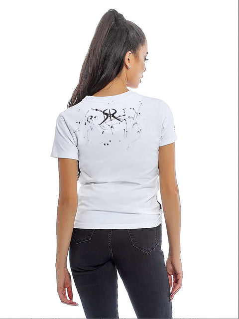 Дамска тениска с гумирано лого SR и черни арт пръски