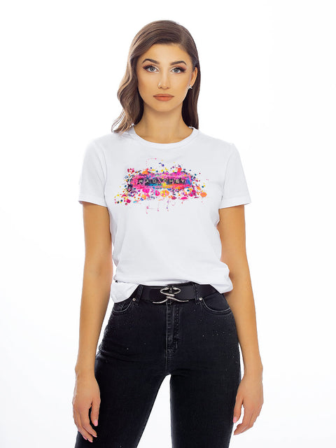 White cotton t-shirt with colorful print