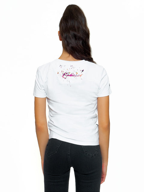 White t-shirt with embroidery and colorful art elements