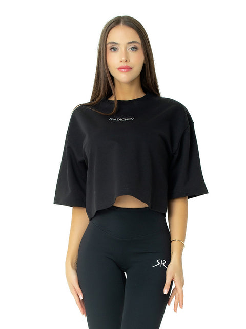 Овърсайз къса тениска с надпис от камъни RADICHEV