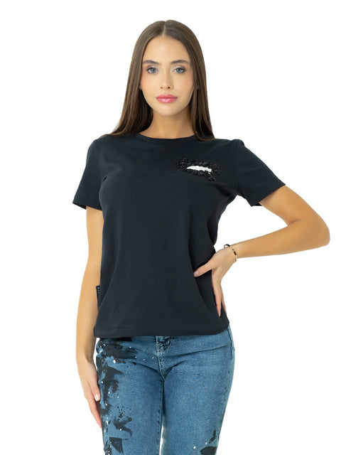 Women's black T-shirt with logo and lace