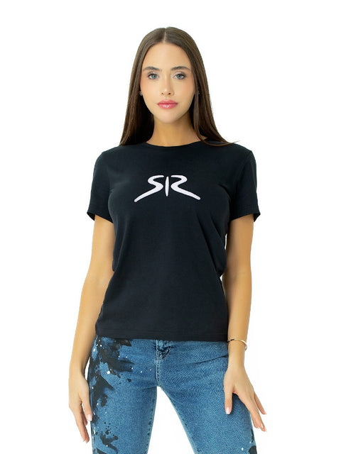Дамска черна тениска с бяло лого