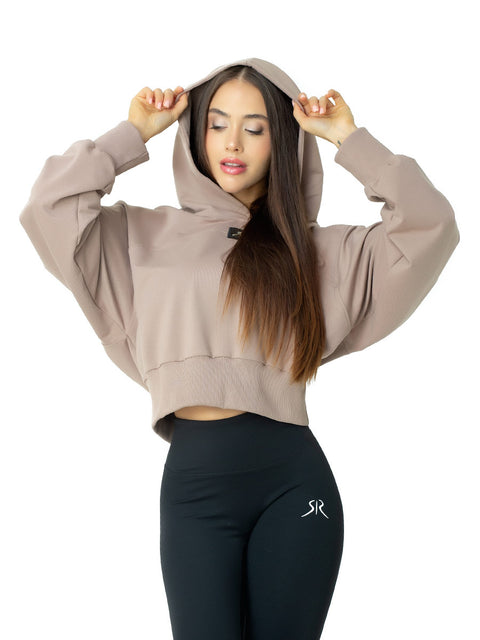 Дамска спортна блуза с качулка в бежово