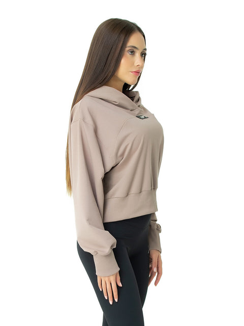 Дамска спортна блуза с качулка в бежово