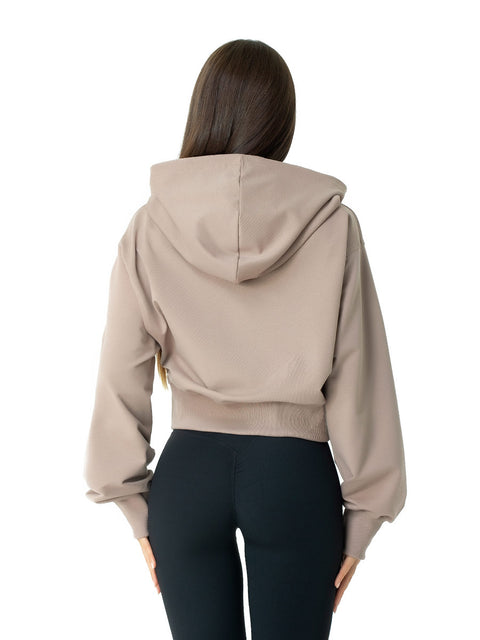 Дамска спортна блуза с качулка в бежово