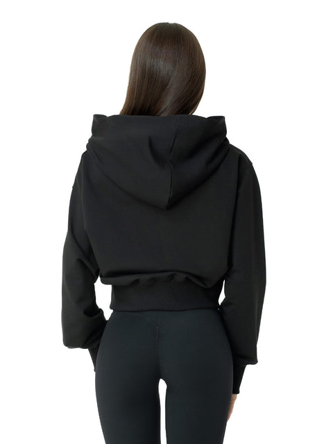 Дамска спортна блуза с качулка в черно