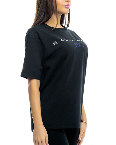Women's oversized t-shirt with inscription and logo made of stones