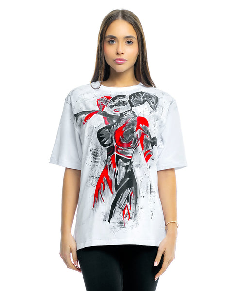 White women's oversized t-shirt with artistic motif