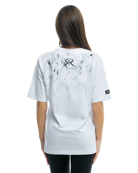 White women's oversized t-shirt with artistic motif