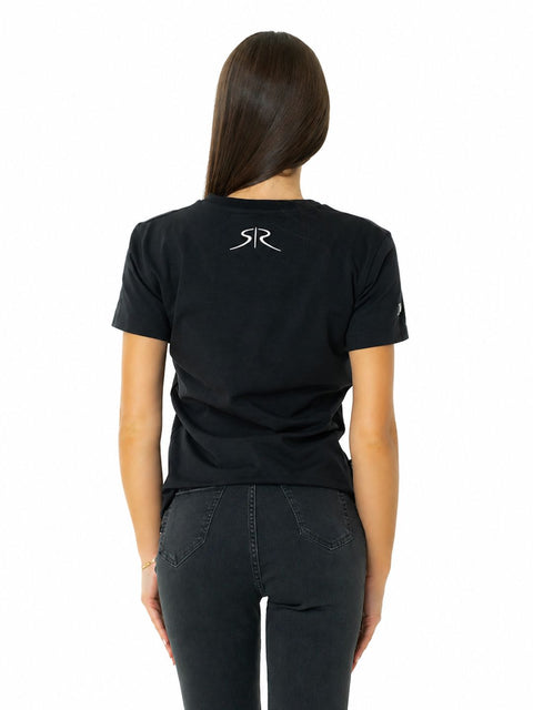Black women's T-shirt with contrasting embroidered logo