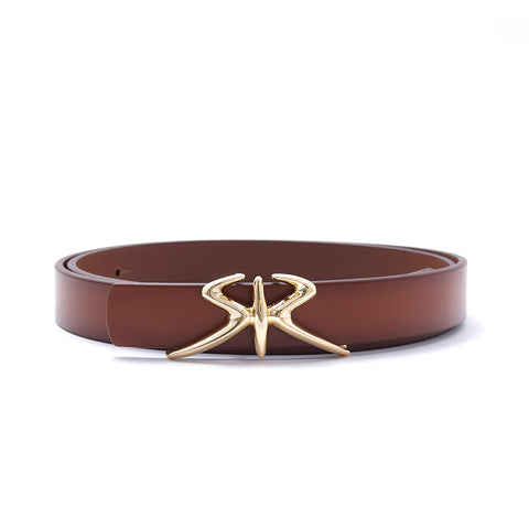 Women's Thin Brown Leather Belt with Gold-Tone Buckle