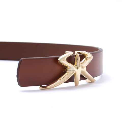 Women's Thin Brown Leather Belt with Gold-Tone Buckle