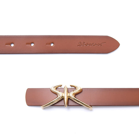 Women's Thin Brown Leather Belt with Gold-Tone Buckle
