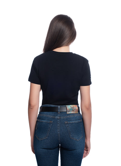 Women's black T-shirt with logo and lace