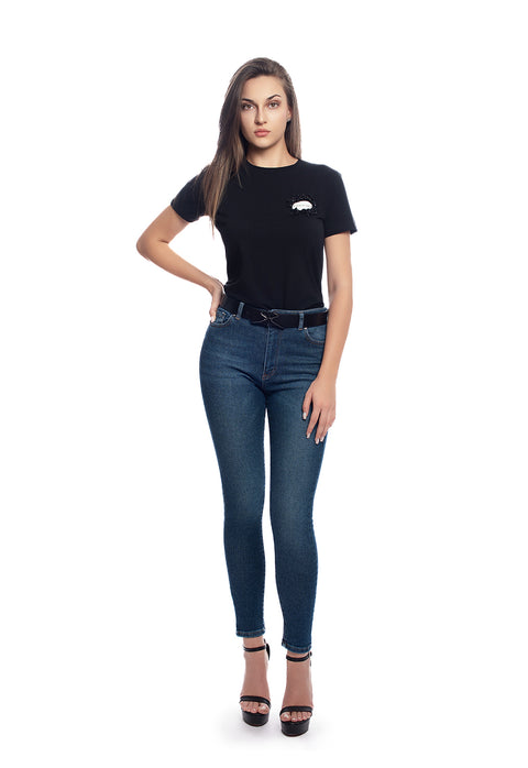 Women's black T-shirt with logo and lace