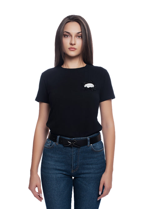 Women's black T-shirt with logo and lace