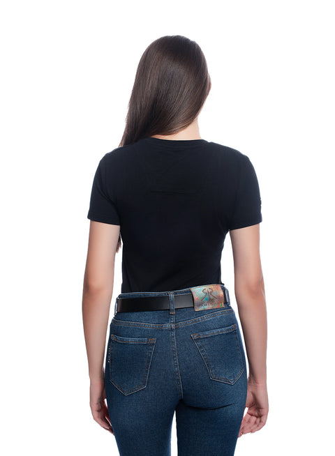 Women's black T-shirt with white logo