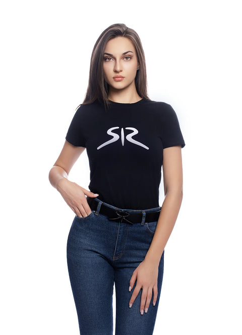 Women's black T-shirt with white logo