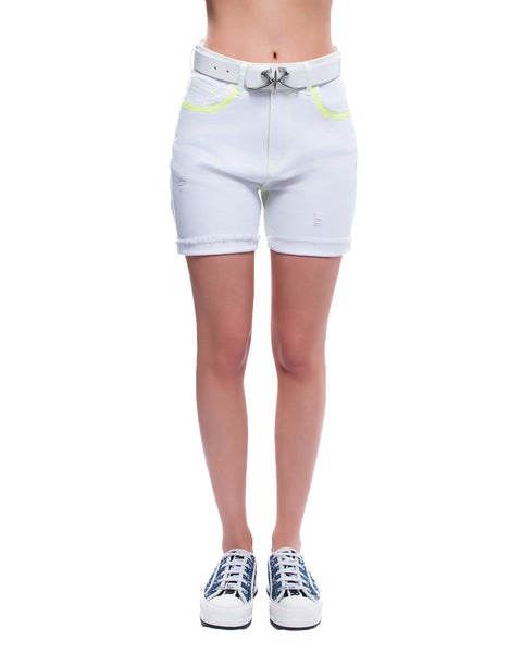 Short white jeans with neon green stitching