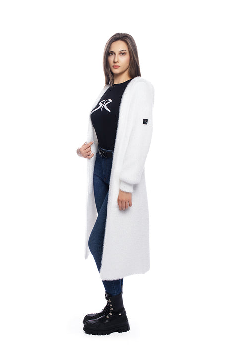 Long fluffy cardigan with hood in white