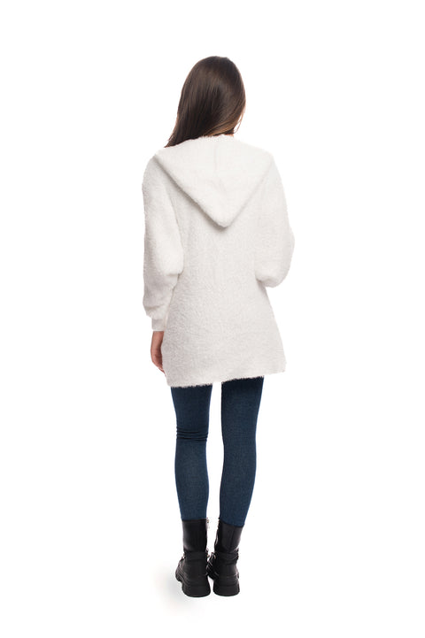 Short fluffy cardigan with hood in white