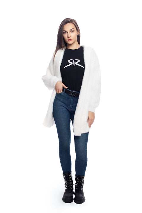 Short fluffy cardigan with hood in white