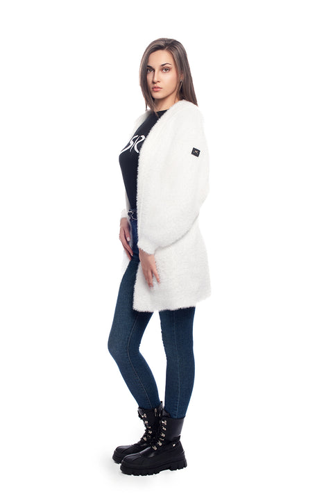 Short fluffy cardigan with hood in white