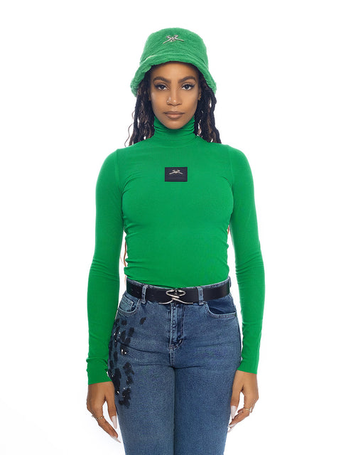 Women's turtle neck shirt in green with rubberised SR logo