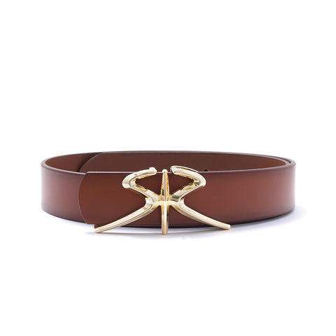 Women's Brown Leather Belt with Gold-Tone RADICHEV Buckle