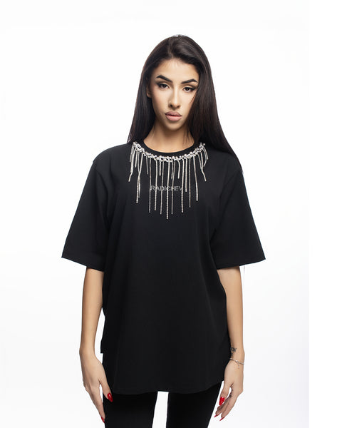 Дамска овърсайз тениска с декорация около врата