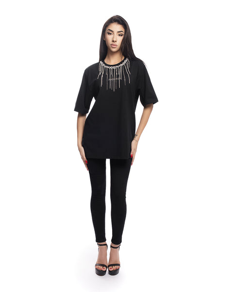 Дамска овърсайз тениска с декорация около врата