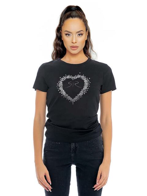 Дамска тениска с бродерия и сърце от камъни