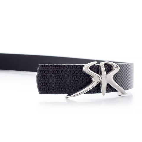 Black Embossed Thin Belt with Silver Buckle - High-quality designer clothes and accessories by RADICHEV - leading Bulgarian brand