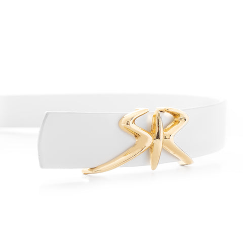 White slim women's belt with golden buckle - High-quality designer clothes and accessories by RADICHEV - leading Bulgarian brand