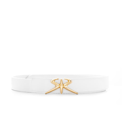 White slim women's belt with golden buckle - High-quality designer clothes and accessories by RADICHEV - leading Bulgarian brand